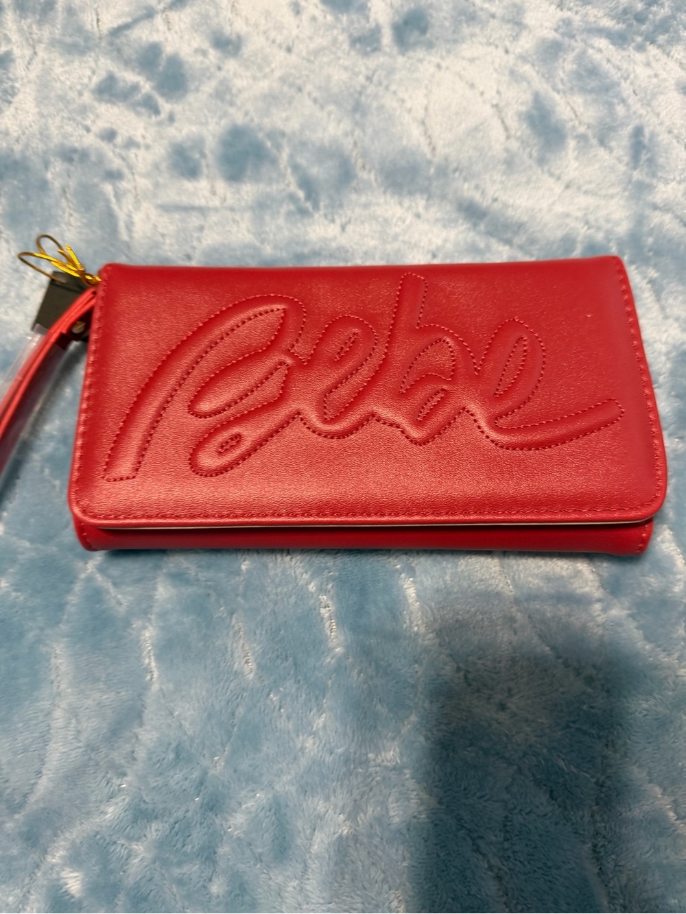 Red Embossed Script Wristlet Wallet